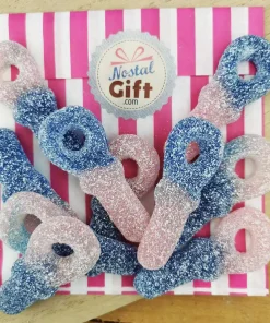 Bonbon tétine acidulée rose & bleu acidulé – goût Bubble-Gum – lot de 10