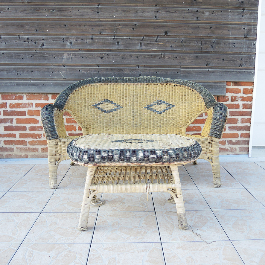 Ancien Salon en Osier : Canapé & Table Basse