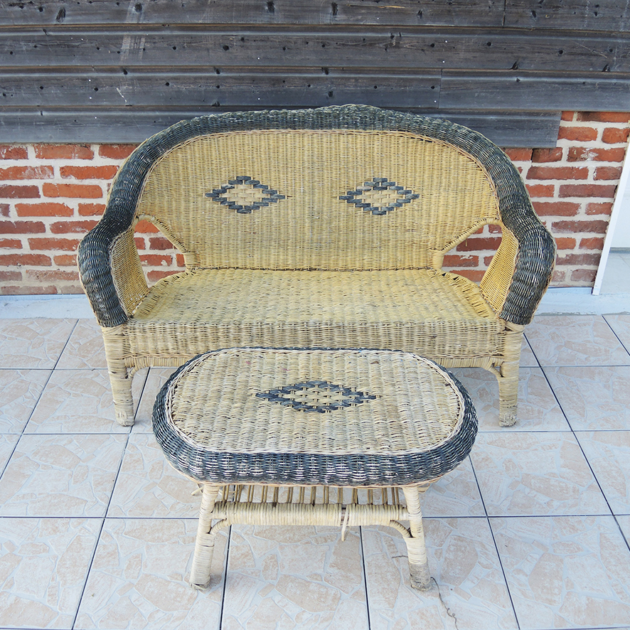 Ancien Salon en Osier : Canapé & Table Basse – Image 2