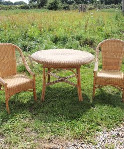 Ancien Salon en Rotin Clair : Table & 2 Fauteuils